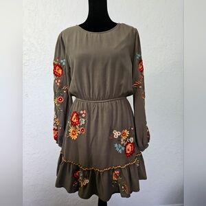 womens savannah jane olive green embroidered short dress long sleeve size medium